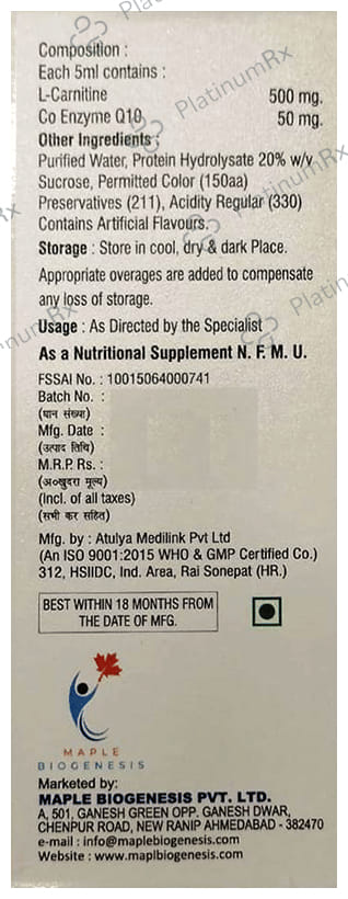 Mapcarno Q10 Syrup Pineapple Sugar Free