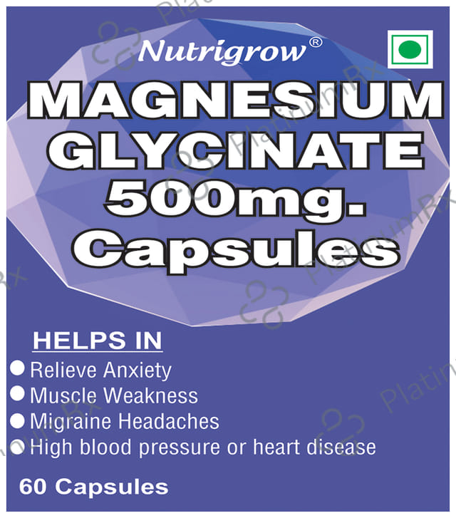 Nutrigrow Magnesium Glycinate 500mg for Muscles, Heart & Anxiety Relief - Capsule