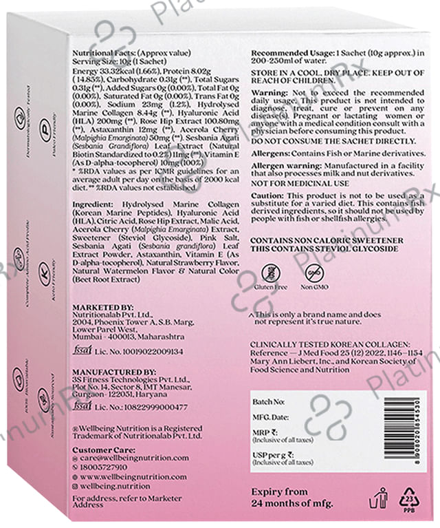 Wellbeing Nutrition Beauty Collagen Type I & III Sachet (8gm Each) Strawberry Watermelon