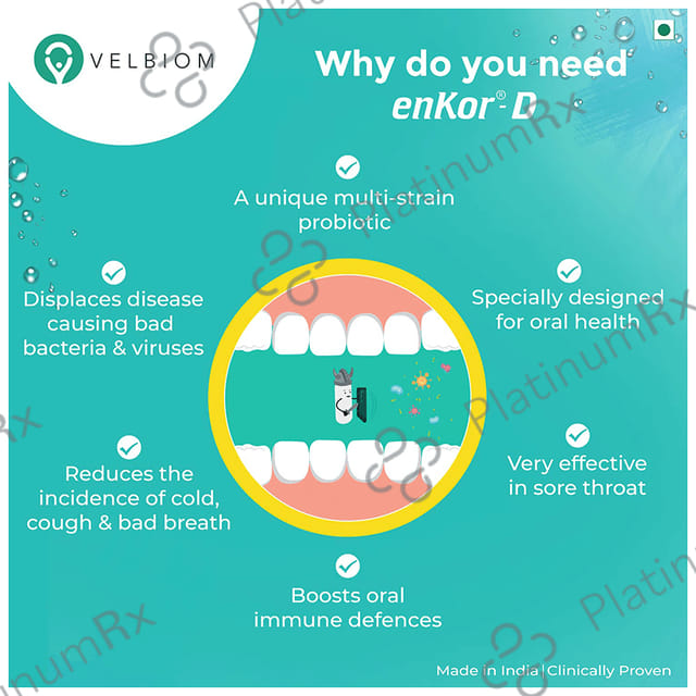 Velbiom Enkor-D Instamelt Probiotic Health Supplement for Oral Health - No Added Sugar - Flavour Mint