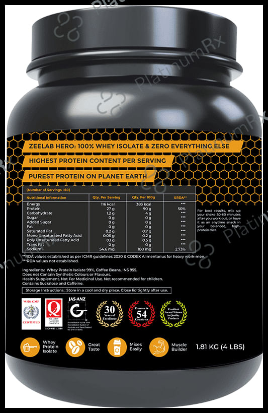 Zeelab Hero 100% Whey Protein Isolate Café Mocha Powder