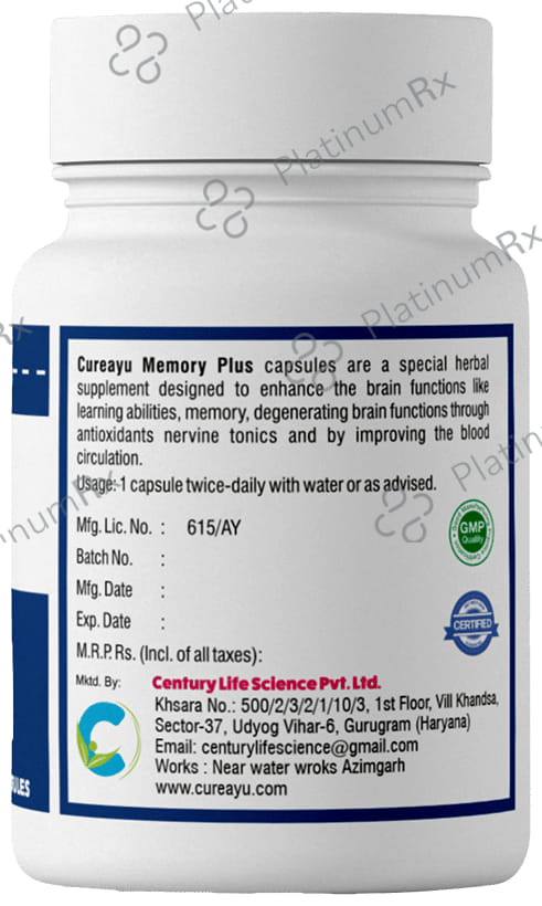 Cureayu Memory Plus Capsule- Made with Amla, Brahmi & More - For Improved Brain Functions -100% Herbal