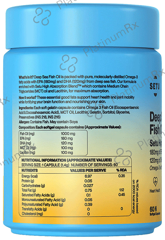 Setu Deep Sea Omega-3 Fish Oil 1000mg Softgel for Brain, Heart, Joints(60 Each)