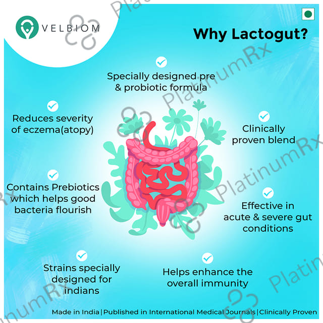 Velbiom Lactogut Pre & Probiotic Health Supplement Vegetable Capsule