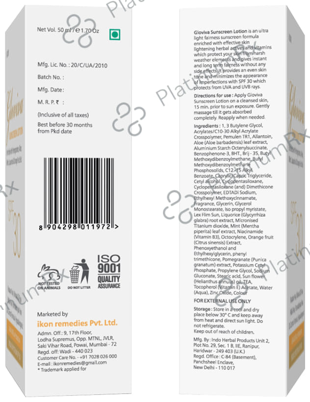 Gloviva SPF 30 Sunscreen Lotion 2x50ml