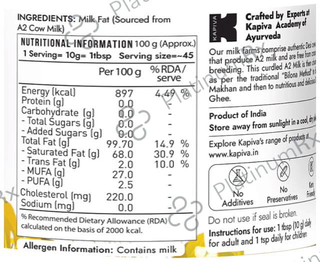 Kapiva A2 Desi Pure Foods 100% Organic Cow Ghee - Good Fats for Healthy Heart