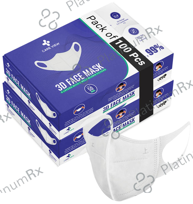 Care View 3 Dimensional Disposable Face Mask with 4 Layered Filtration and Soft Non-Woven Spandex Ear Loops White 100 masks