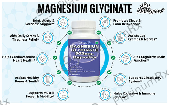 Nutrigrow Magnesium Glycinate 500mg for Muscles, Heart & Anxiety Relief - Capsule