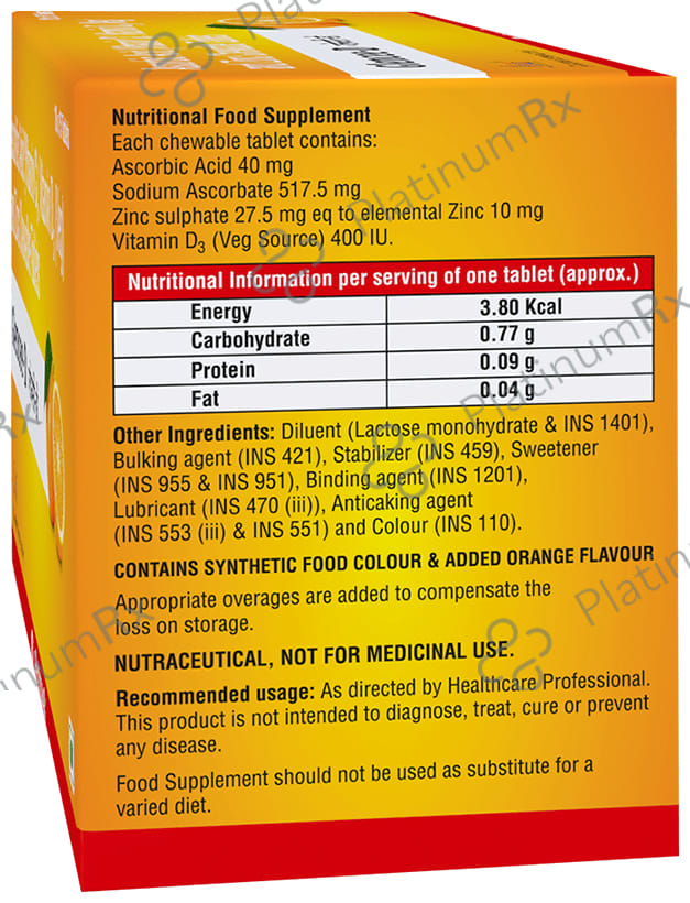 Glencee D Ascorbic Acid, Vitamin D3 60K and Zinc Chewable Tablet Orange 15s