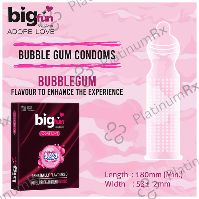 Bigfun Dotted, Ribbed & Contoured Bubblegum Flavour Condom 3s