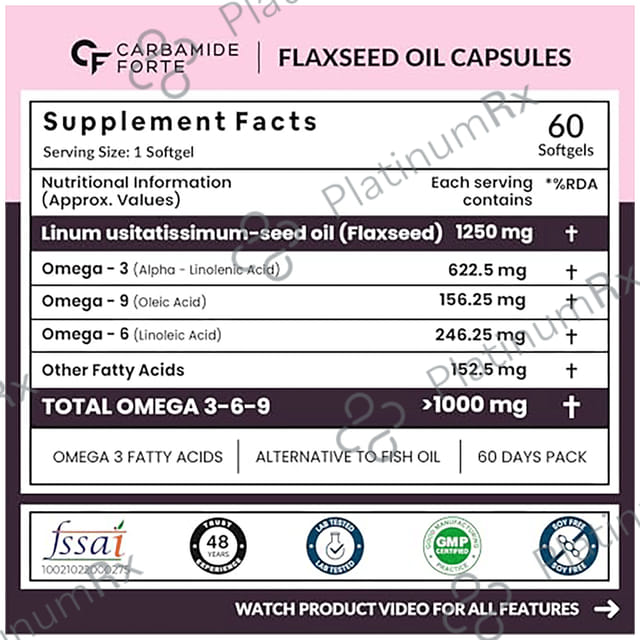 Carbamide Forte Cold Pressed Flaxseed Oil with 1250mg Omega 3-6-9 - Softgel Capsule for Heart, Bones & Joints Health