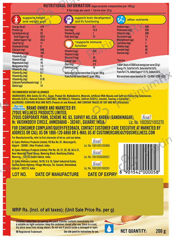 Complan 100% Milk Protein for Concentration, Memory & Growth - Flavour Kesar Badam Refill 200 gm