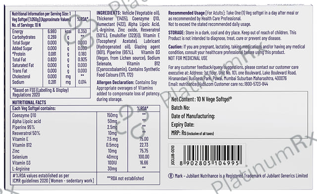 Jubilant Nutrihance UB Gold 150mg of CoQ10 with ALA & Vitamin D3 - Veg Softgel for Heart & Nerve Health 10 Soft Gelatin Capsule