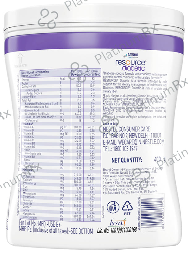 Nestle Resource Diabetic Supplement With Protein, Fibre & Low GI - Flavour Vanilla Powder 400 Powder
