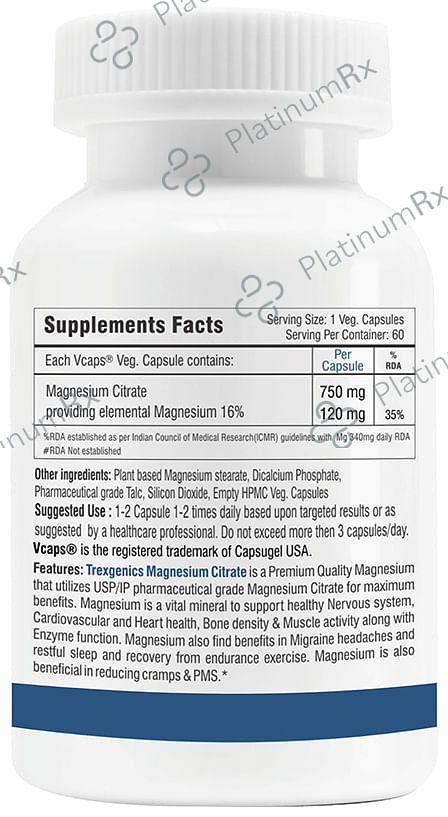 Trexgenics Magnesium Citrate 750mg Veg. Capsules