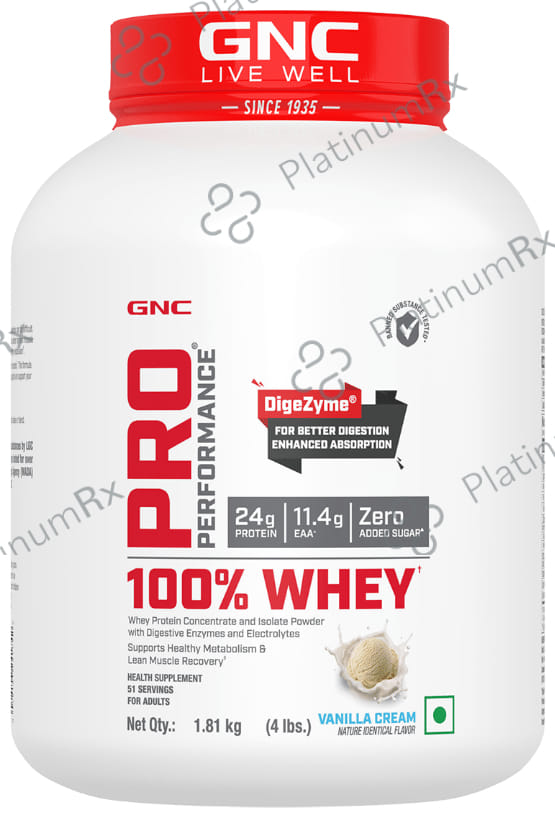 GNC Pro Performance 100% Whey Protein - With Digestive Enzymes & Electrolytes - For Metabolism & Lean Muscles Recovery - Flavour Powder Vanilla Cream 4 lb