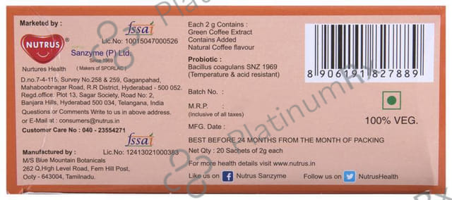 Nutrus Natural Green Coffee with Probiotics Sachet (2gm Each)