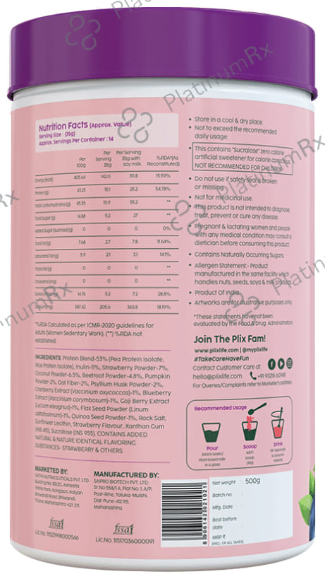 Plix Fit & Slim Smoothie - Plant Protein Shake for Weight Management - Flavour Powder Strawberry