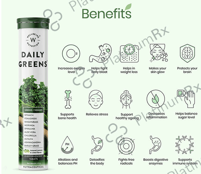 Wellbeing Nutrition Daily Greens Effervescent Tablet for Weight Management, Bone, Digestion, Skin & Immunity 1 Bottle