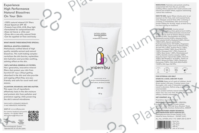 Vidhyou Natural Mineral Sunscreen with Hydrating Complex SPF 40 Lotion 50gm