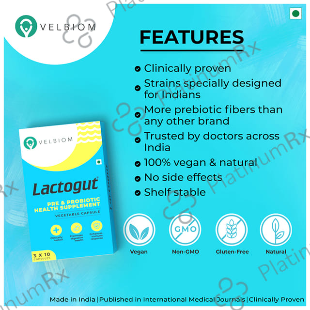 Velbiom Lactogut Pre & Probiotic Health Supplement Vegetable Capsule
