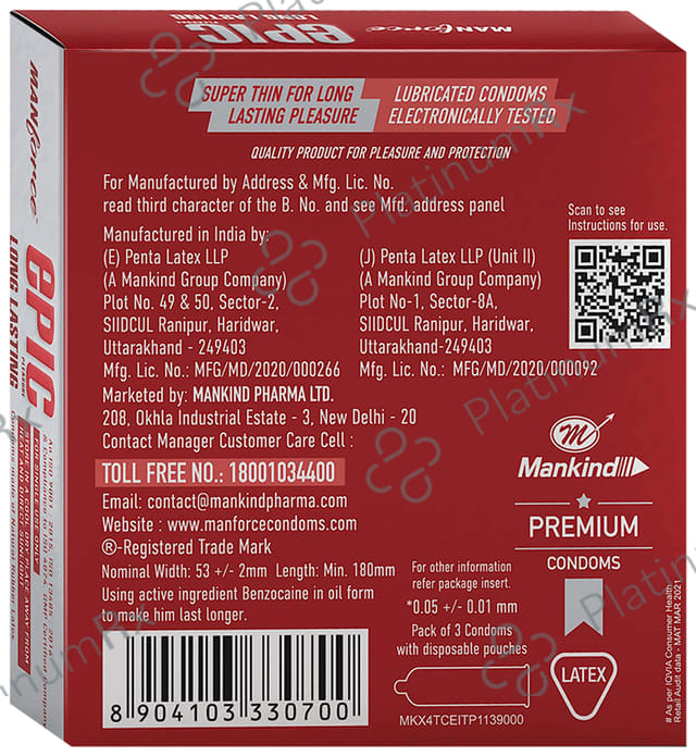 Manforce Epic Pleasure Long Lasting Premium Condom with Disposable Pouch Flavour Raspberry 3s