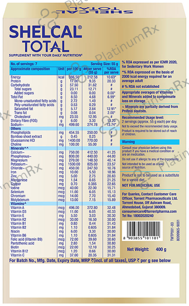 Shelcal Total No Added Sugar Dark Chocolate Flavour Powder 400gm