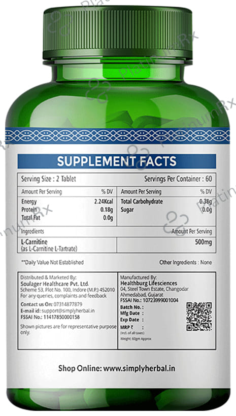 Simply Herbal L-Carnitine 500mg - Amino Acid for Endurance, Weight Management & Muscle Function - Tablet