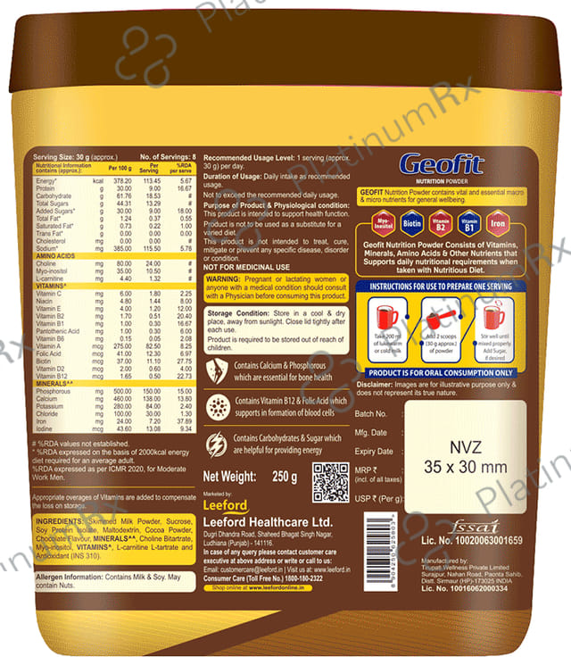 Geofit Nutrition Protein Powder with Vitamins & Minerals Chocolate
