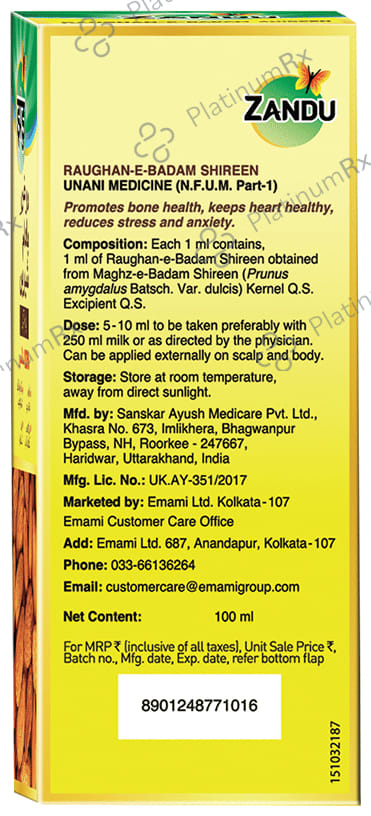 Zandu Raughan E Badam Shireen Sweet Almond Oil 100ml