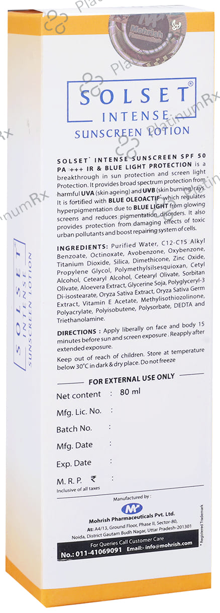 Solset Intense Sunscreen SPF 50 PA+++ Lotion 80ml