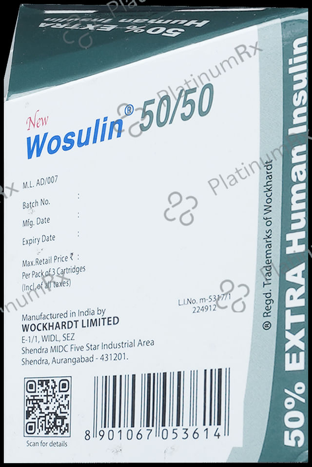 New Wosulin 50/50 (100 IU/ml) Penfill Cartridge / Injection 3X3ml