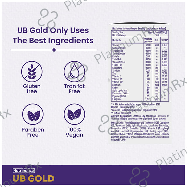 Jubilant Nutrihance UB Gold 150mg of CoQ10 with ALA & Vitamin D3 - Veg Softgel for Heart & Nerve Health 30 Soft Gelatin Capsule