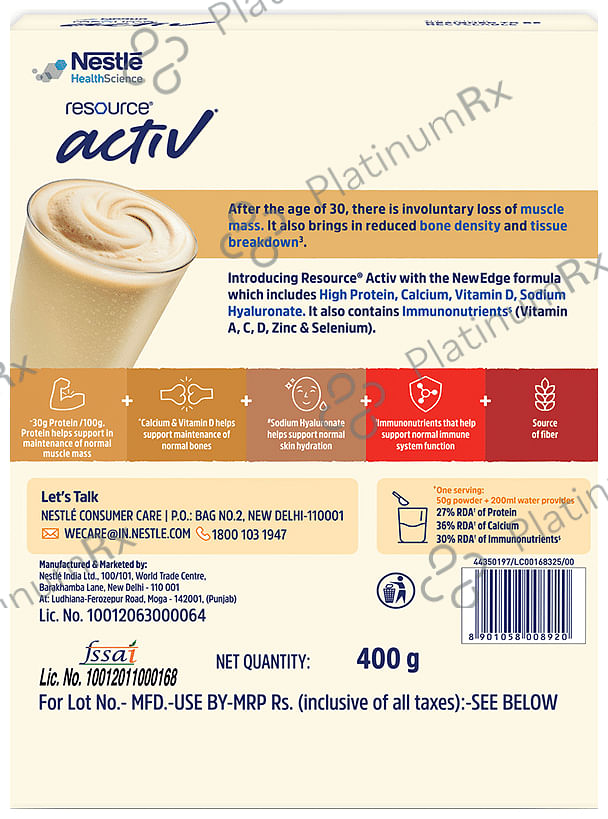 Nestle Resource Activ High Protein Shake Powder with Calcium, Immunonutrients & Hyaluronate, Low GI Vanilla