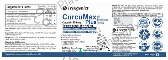 Trexgenics Curcumax Plus Curcumin Turmeric Veg Capsule