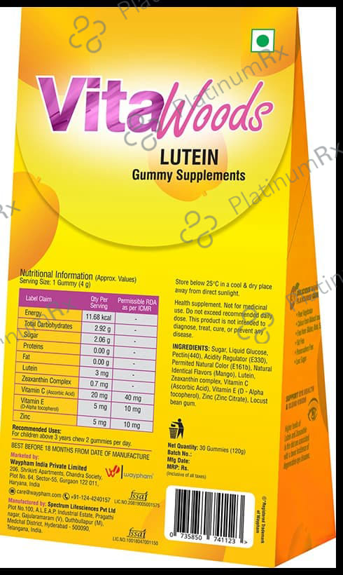 Vitawoods Lutein with Zeaxanthin, Vitamins & Minerals for Eye Health & Vision - Flavour Delicious Mango Gummy