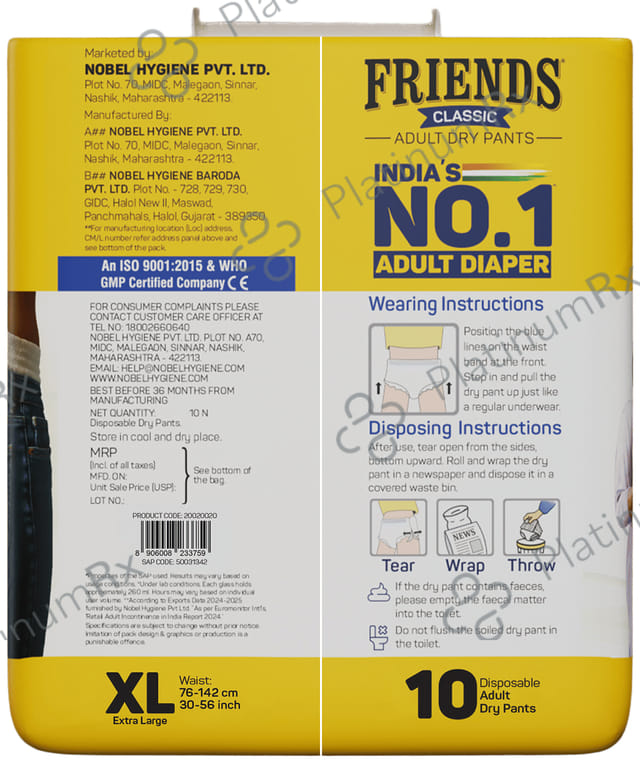 Friends Classic Anti Bacterial & Anti Rash Adult Unisex Dry Pants XL diapers 10s