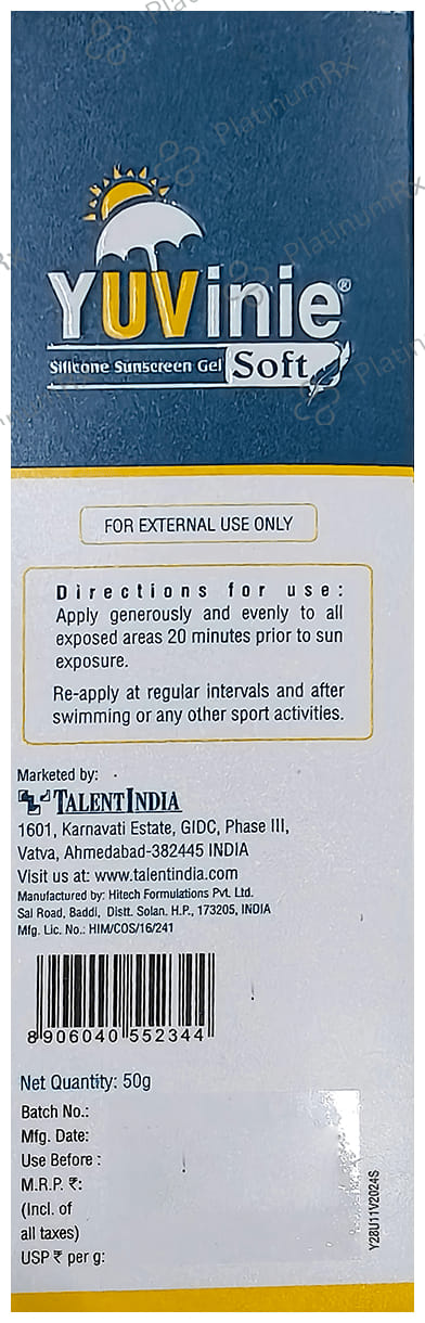 Yuvinie Soft Sun Screen SPF 50+ PA+++ Gel 50gm
