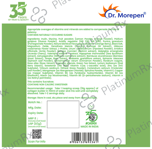 Dr. Morepen Natural Collagen Builder with Biotin & Vitamin C - For Skin, Hair, Nails - Flavour Orange & Berry