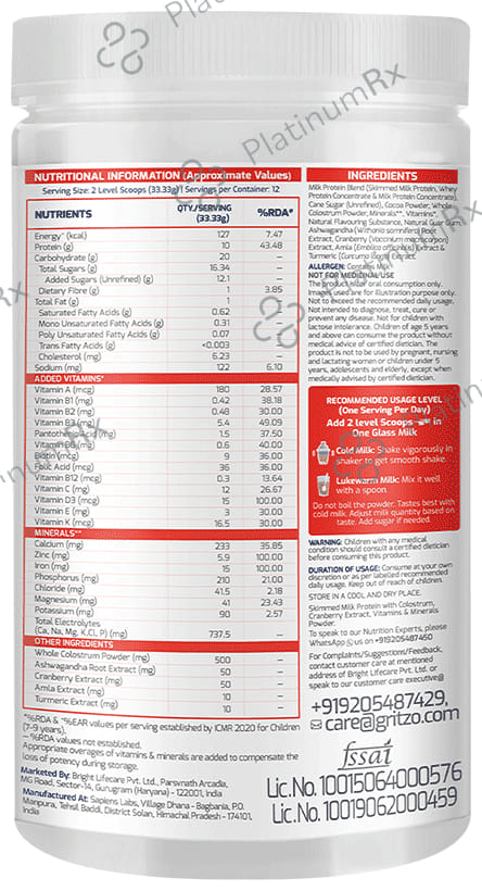 Gritzo Super Girl Milk Protein Height+ for 8 to 12 Years - With Calcium & Vitamin D3 - Flavour Double Chocolate