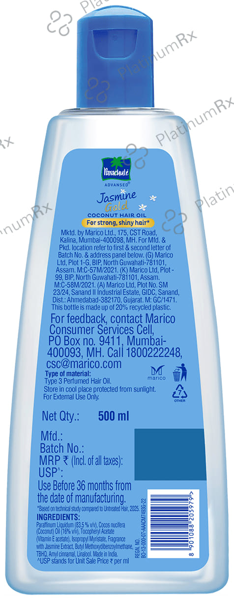 Parachute Advansed Jasmine Gold Hair Oil with 8x Vitamin E - For Strong & Shiny Hair - Non-Sticky 500 ml