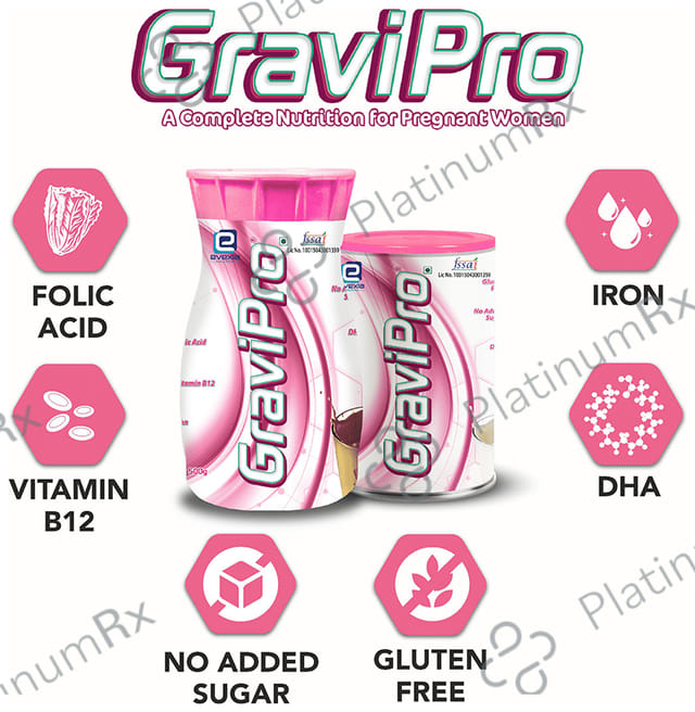 Evexia GraviPro with DHA, Iron & Folic Acid for Nutrition during Pregnancy Flavour Vanilla Powder 200gm