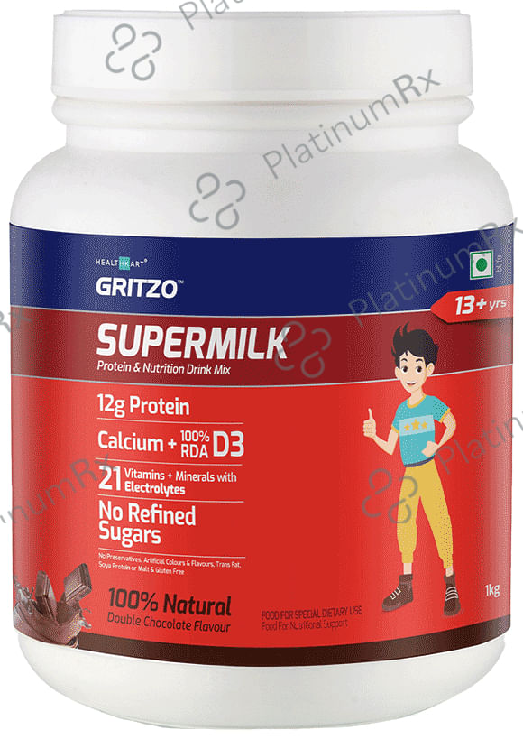 Gritzo SuperMilk for Active Kids, Protein Powder for Kids, High Protein (6 g), DHA, Calcium + D3, 21 Nutrients, No Refined Sugar, 100% Natural Double Chocolate Flavour 13+ years Double Chocolate 1 kg