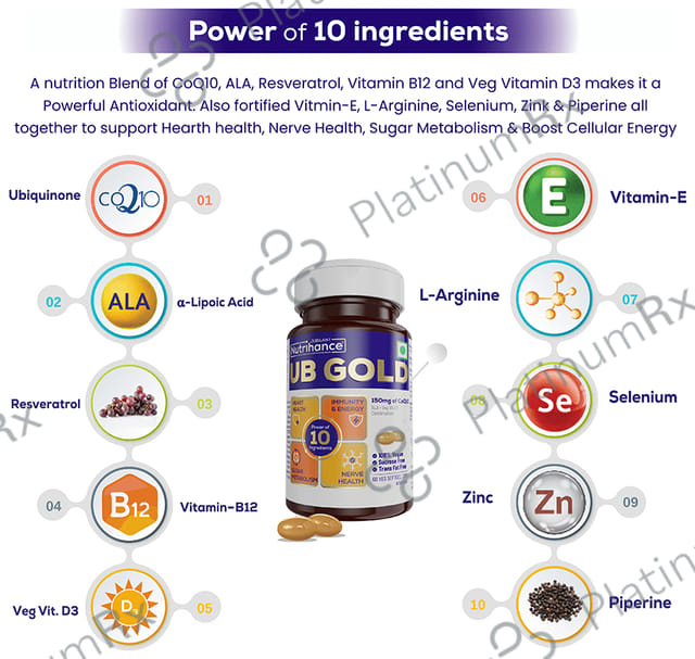 Jubilant Nutrihance UB Gold 150mg of CoQ10 with ALA & Vitamin D3 - Veg Softgel for Heart & Nerve Health 60 Soft Gelatin Capsule