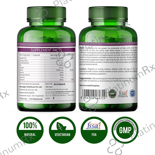 Simply Herbal Biotin 10000mcg - With Keratin, Bamboo & Piperine for Hair, Skin & Nails - Capsule