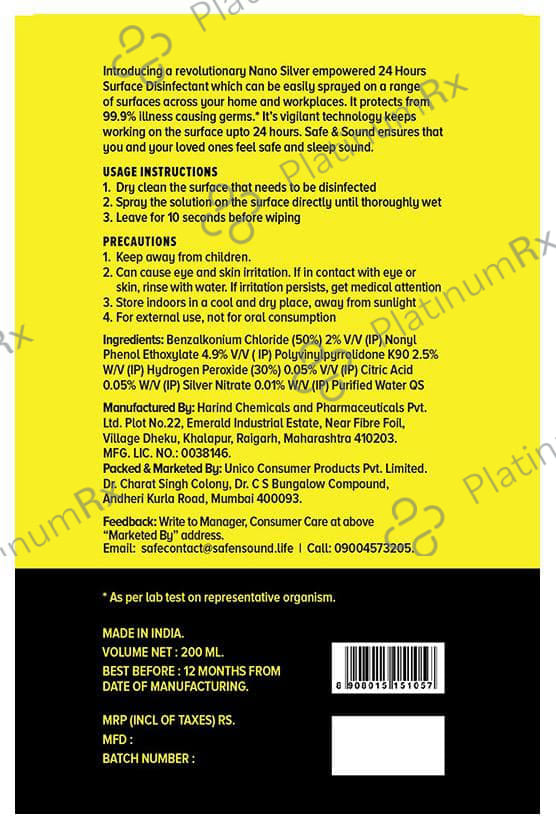 Safe & Sound Nano Silver 24 Hrs. Surface Disinfectant with Spray Bottle 200 ml