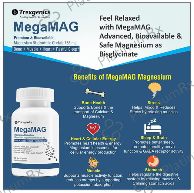 Trexgenics MegaMag with Magnesium Bis-Glycinate - Veg Capsule for Bones, Muscles, Heart & Restful Sleep
