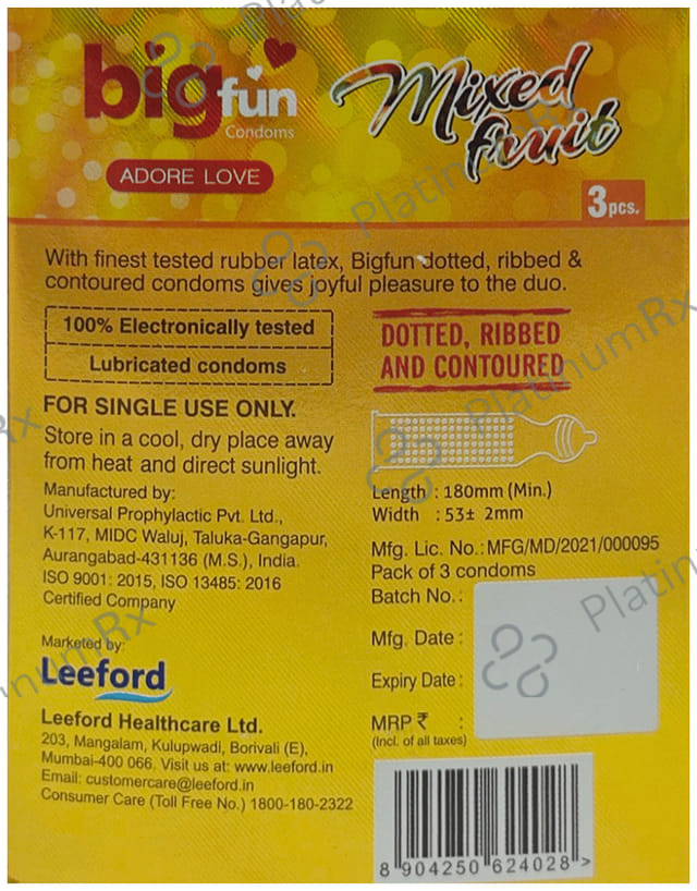 Bigfun Sensually Flavored Dotted, Ribbed & Contoured Mixed Fruit Flavour Condom 3s