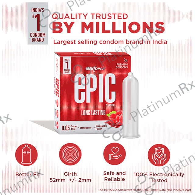Manforce Epic Pleasure Long Lasting Premium Condom with Disposable Pouch Flavour Raspberry 3s