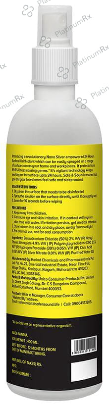 Safe & Sound Nano Silver 24 Hrs. Surface Disinfectant with Spray Bottle 400 ml